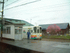 つばさ73号からの車窓(3)／赤湯にて、山形鉄道 フラワー長井線のレールバスと桜？